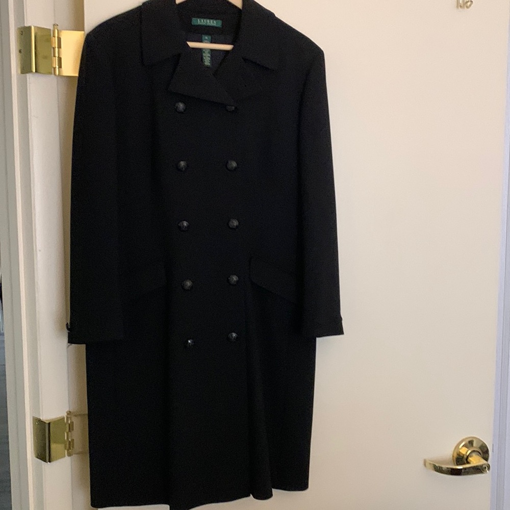 Ralph Lauren double breasted coat with little fair at bottom.